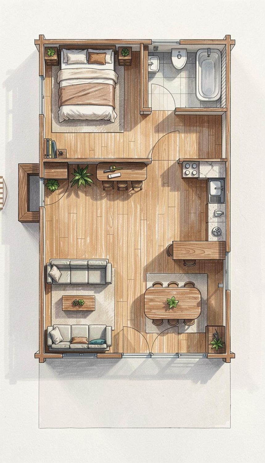 Grundriss der Aspen Lodge XL Luxury Chalet mit großem Living Room, separatem Schlafzimmer und Bad
