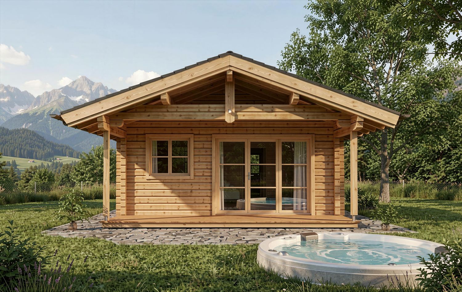 Luxuriöses Aspen Lodge XL Chalet aus massiven Blockbohlen mit großer Fensterfront und modernem Alpenchalet-Design