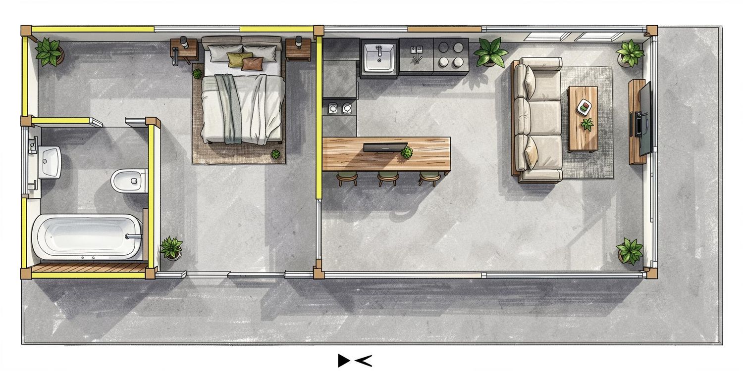 Grundriss der Ultralounge XL Black Edition mit offenem Living Room, Schlafzimmer und Badewanne