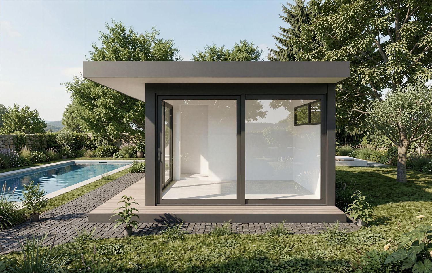 Seitenansicht der Ultralounge XL Black Edition als exklusiver Design-Bungalow mit großen Glasflächen