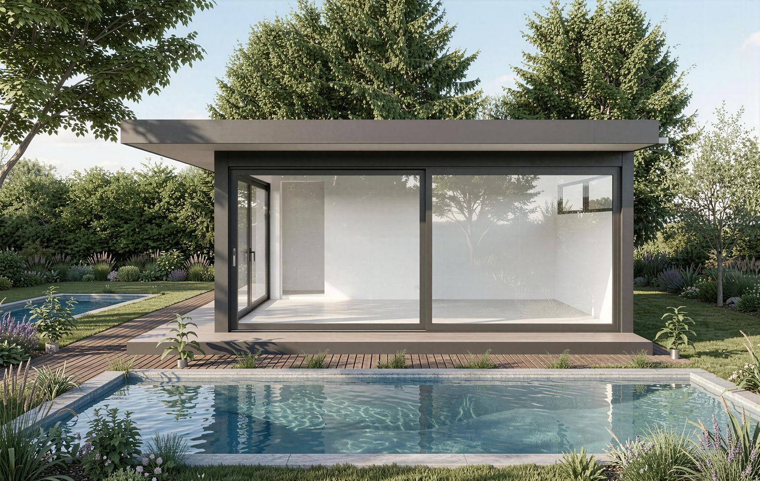 Seitenansicht der Ultralounge XXL Black Edition als moderner Design-Bungalow mit großen Schiebetüren