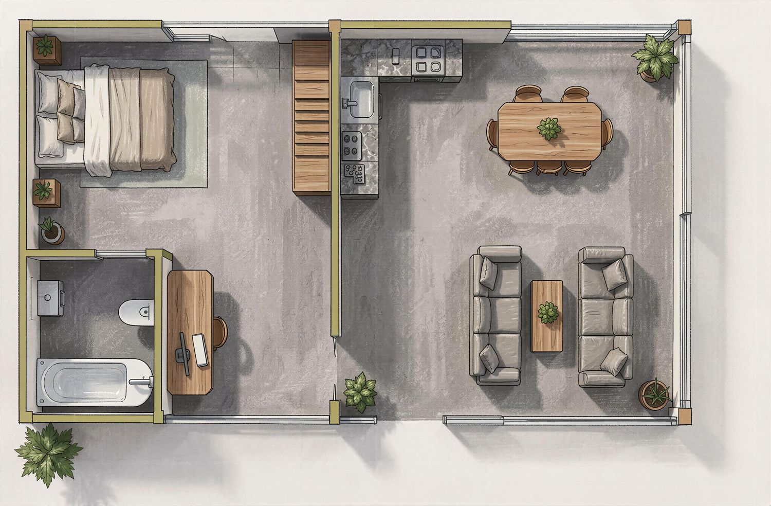 Grundriss der Ultralounge XXL mit offenem Wohnbereich, Schlafzimmer und Designbad mit Badewanne