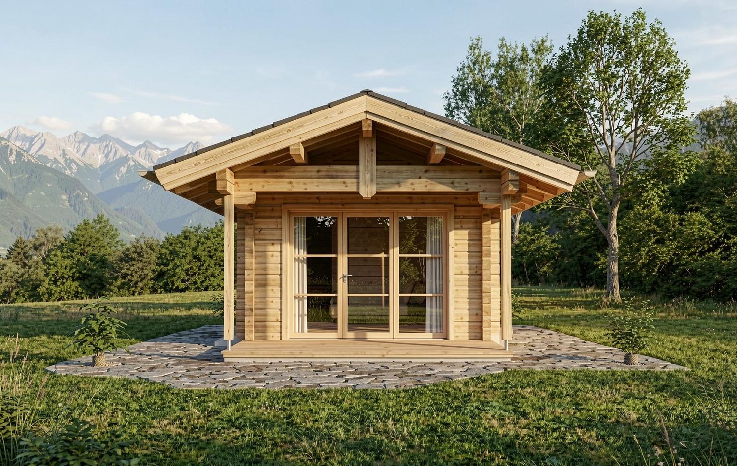 Aspen Lodge M 4x7,5 als modernes Blockbohlenhaus für Airbnb, Feriengäste und Camping