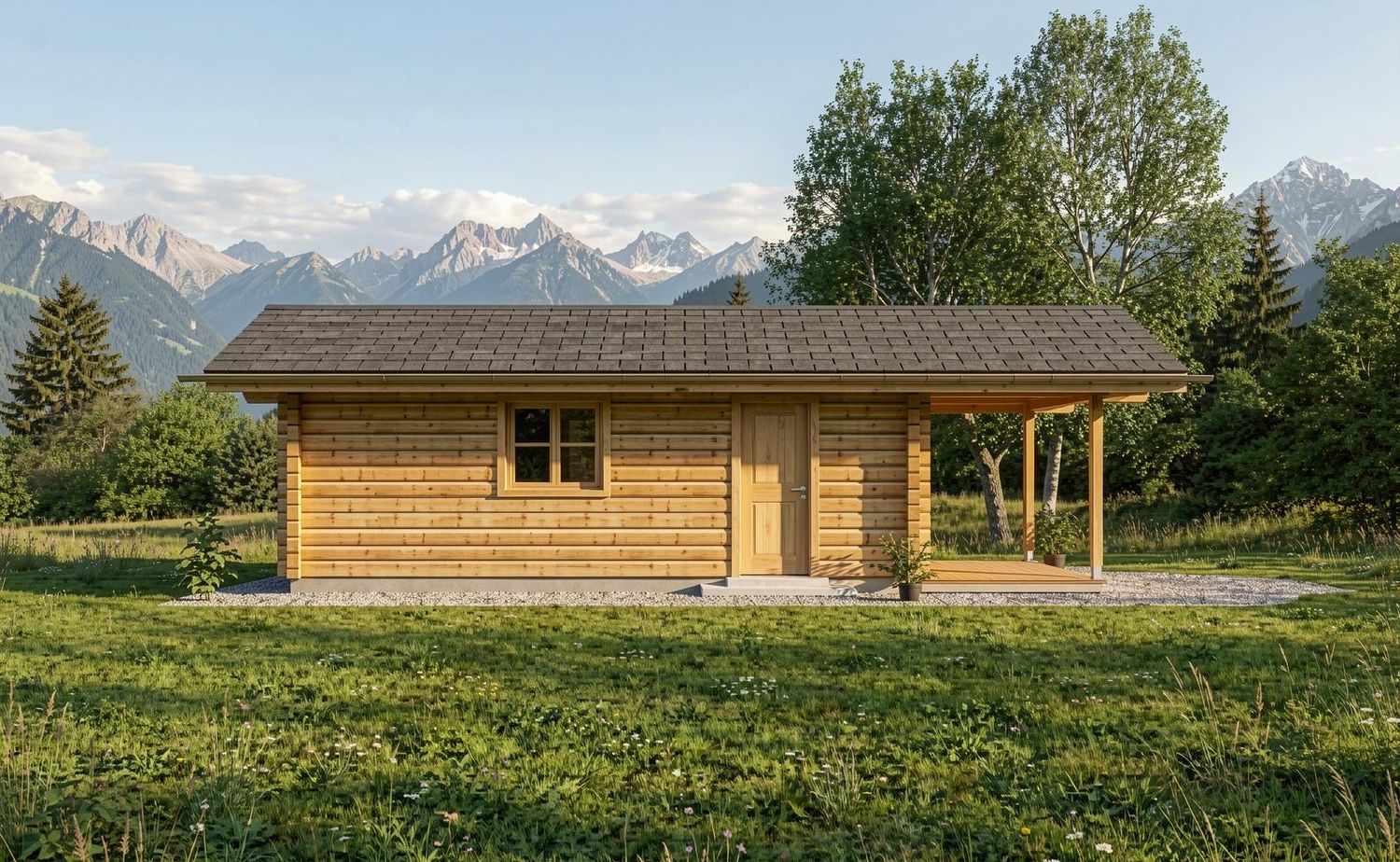 Seitenansicht der Aspen Lodge M als kleines Holzhaus mit rustikalem Blockhütten-Charakter
