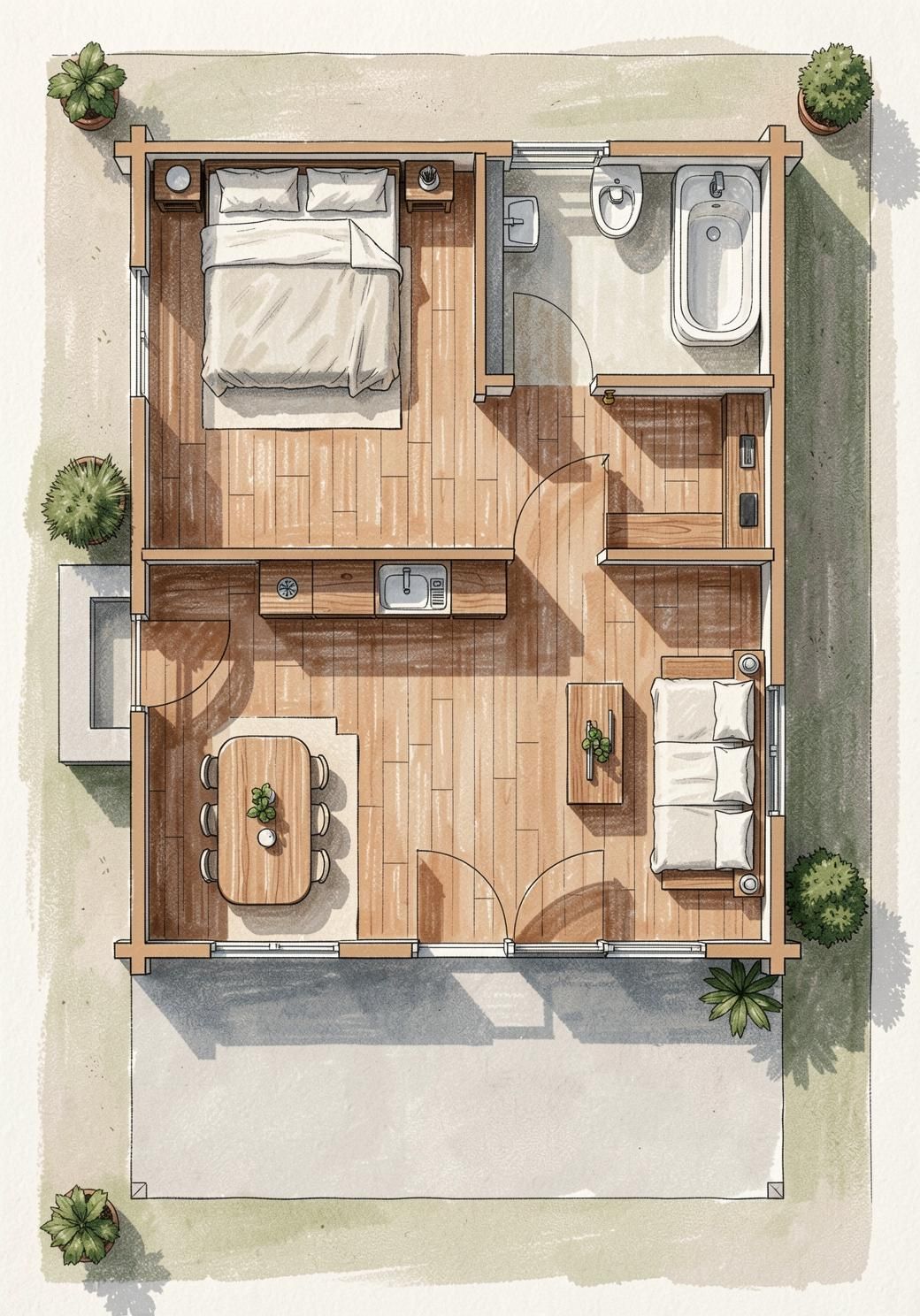 Grundriss der Aspen Lodge L mit großem Living Room, separatem Schlafzimmer und Badezimmer