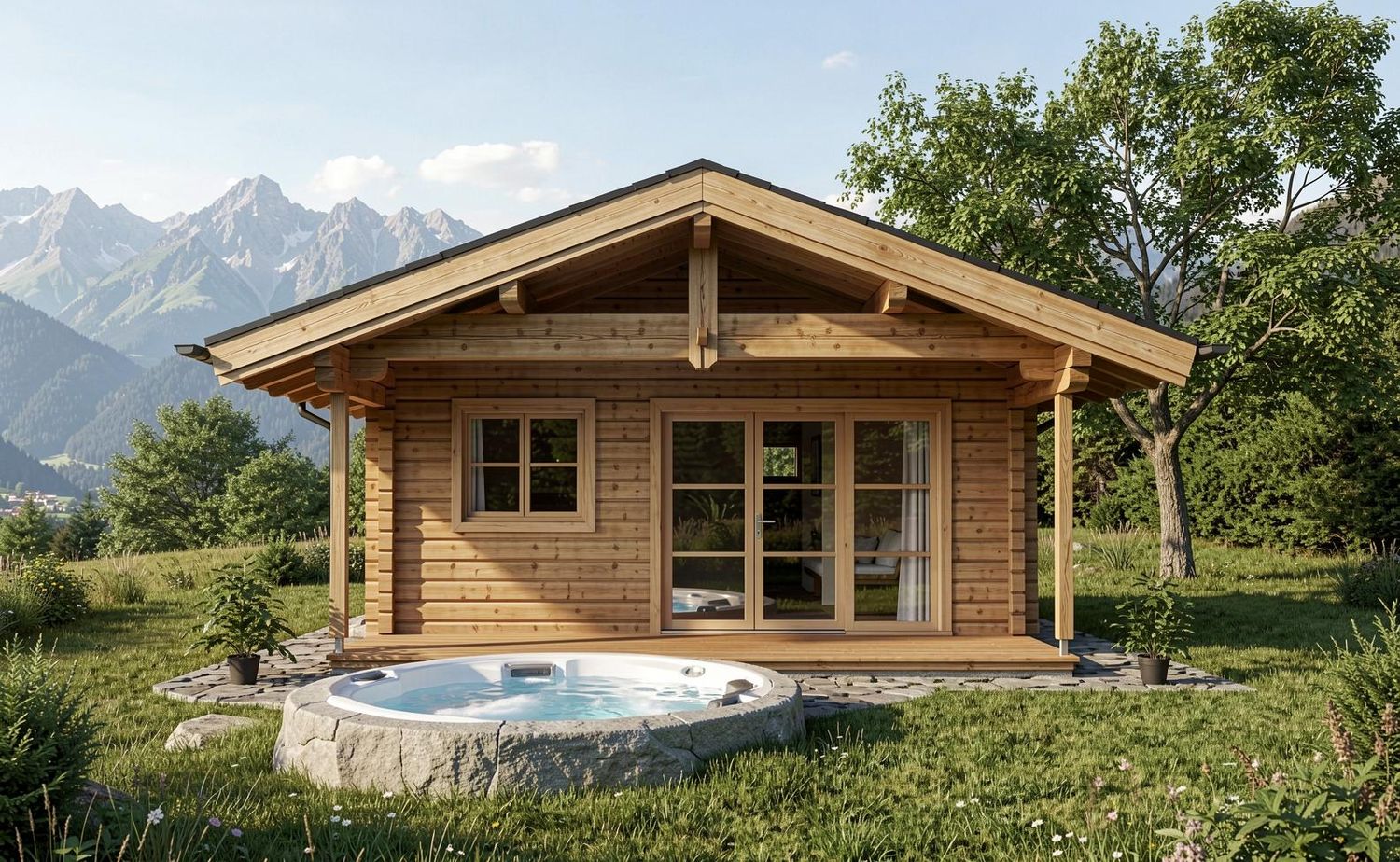 Rustikales Blockhaus Aspen Lodge L 6x7,5 mit moderner Glasfront und luxuriösem Alpenchalet-Design