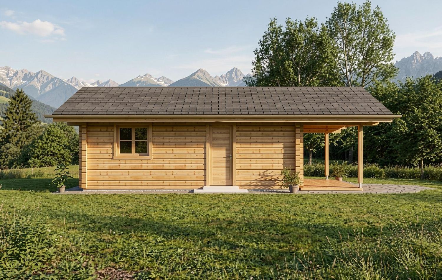 Seitenansicht der Aspen Lodge L als luxuriöses rustikales Blockbohlenwohnhaus aus Massivholz