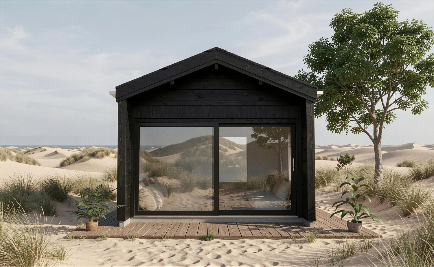 Mizuki Living Retreat Black Edition 3,8x6,8 mit schwarzer Holzfassade und großen Panorama-Schiebetüren