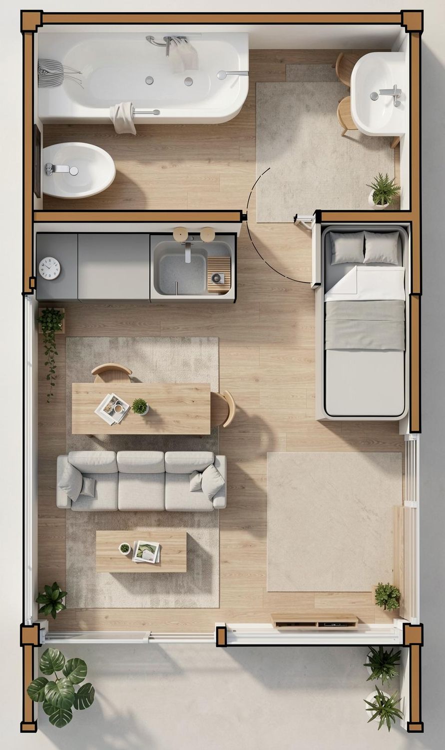 Grundriss des Mizuki Living Retreat 3,8x6,8 mit offenem Living Room und modernem Badezimmer