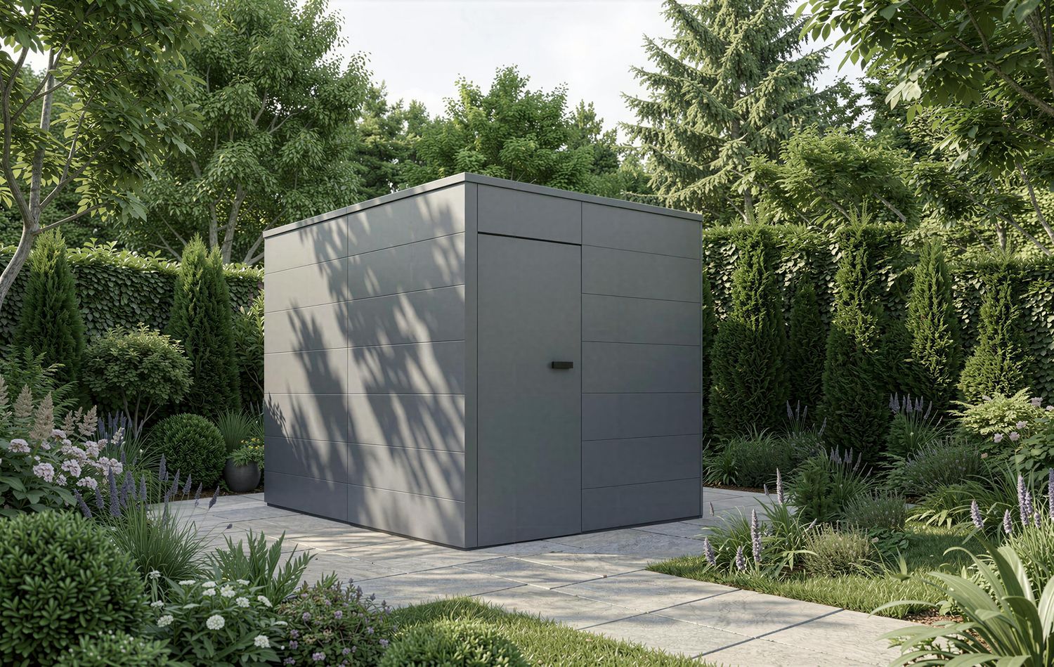 Modernes HPL-Gerätehaus in Grau von HUMMEL Blockhaus mit minimalistischer Architektur und hochwertiger Premium-Optik.