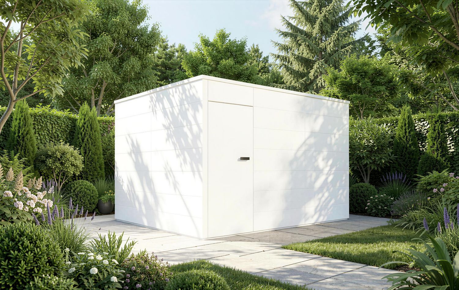 Modernes HPL-Gerätehaus in Weiß von HUMMEL Blockhaus mit minimalistischer Architektur und hochwertiger Premium-Optik.