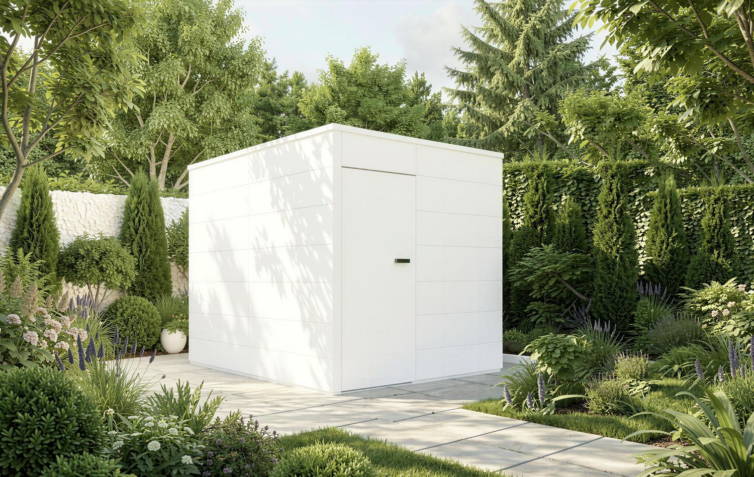 Modernes HPL-Gerätehaus in Weiß von HUMMEL Blockhaus mit minimalistischer Architektur und hochwertiger Premium-Optik.