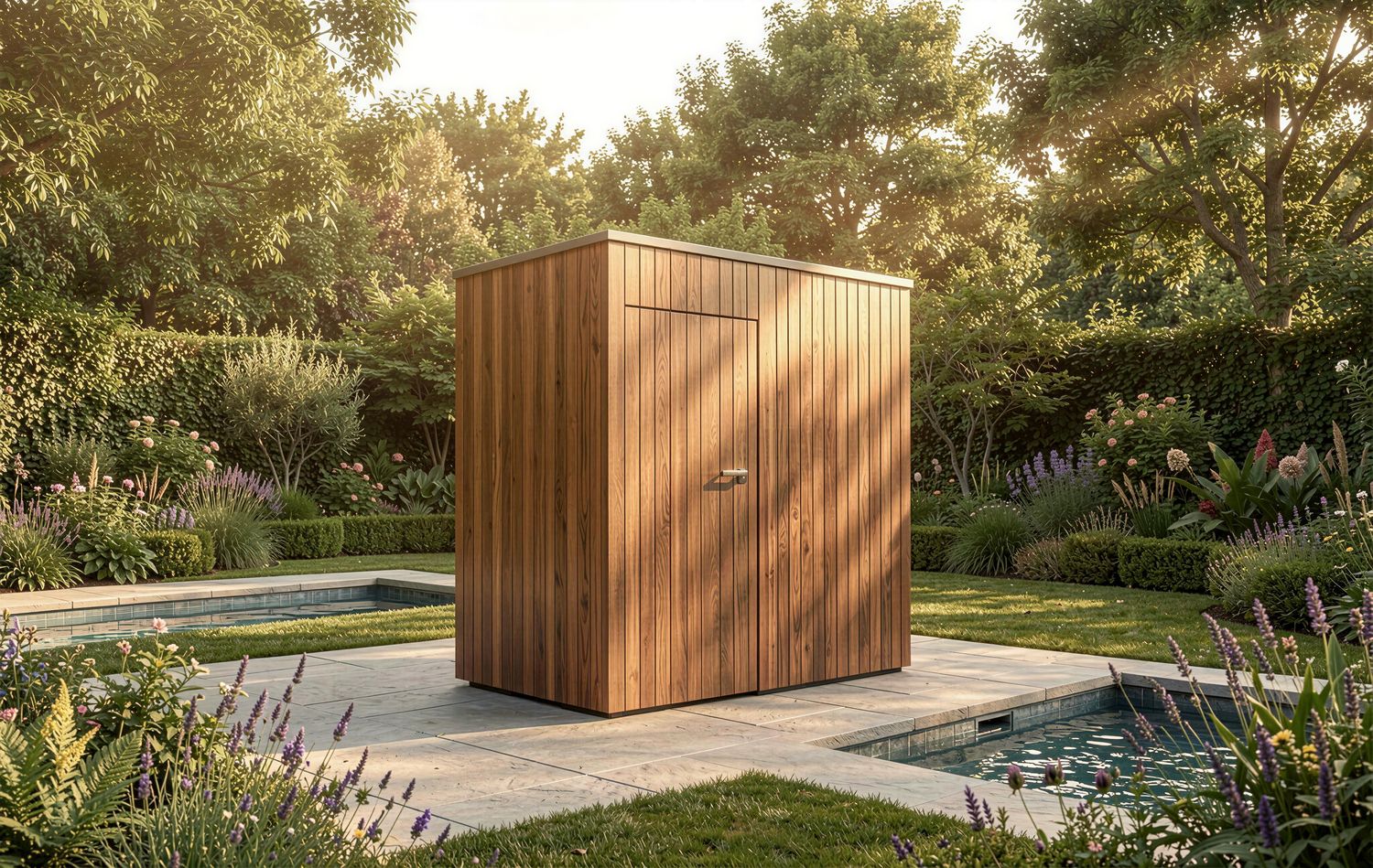 Exklusive Pooltechnikbox mit eleganter Teak-Außenbekleidung zur stilvollen Integration moderner Pooltechnik im Garten.