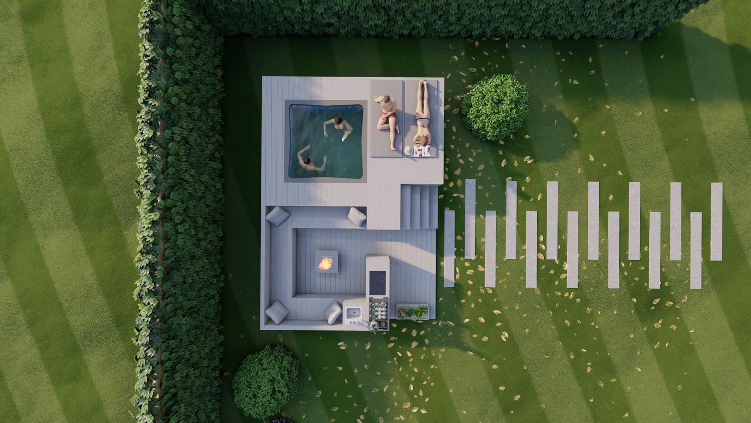 Maßgefertigte Whirlpool Spa Lounge XL mit WPC-Verkleidung und Sitzbereich