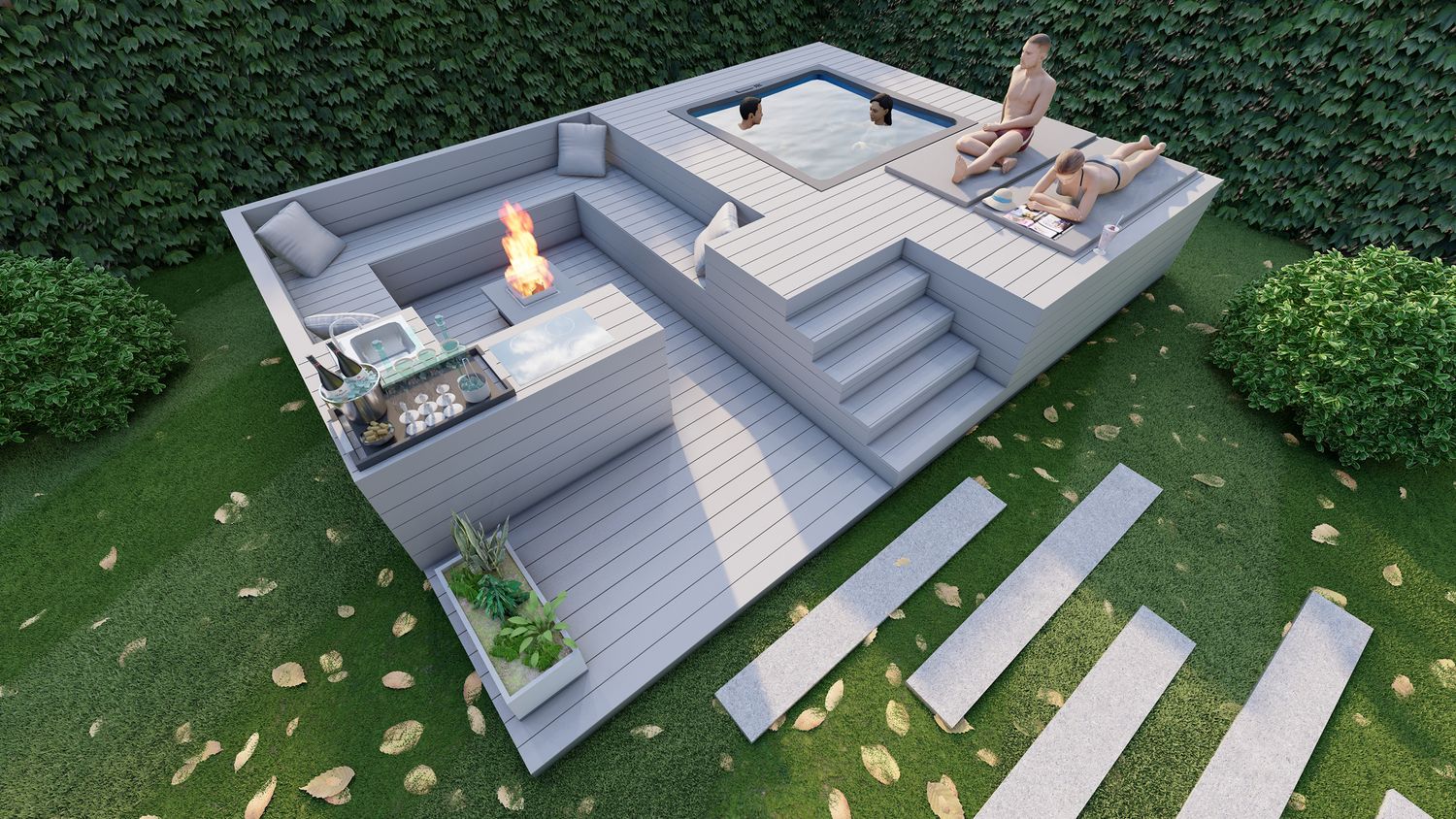 Moderne Outdoor Wellness Lounge mit Whirlpoolumrandung und Feuerstelle
