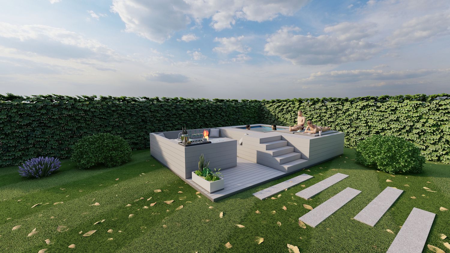 Exklusive Whirlpool Terrasse mit Liegefläche und Outdoor-Wellnessbereich