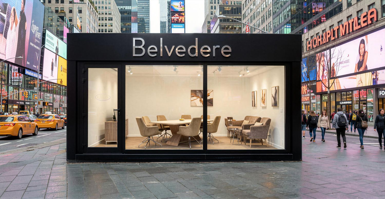Exklusiver Retail Cube Showroom mit bodennaher Aufstellung auf Asphalt