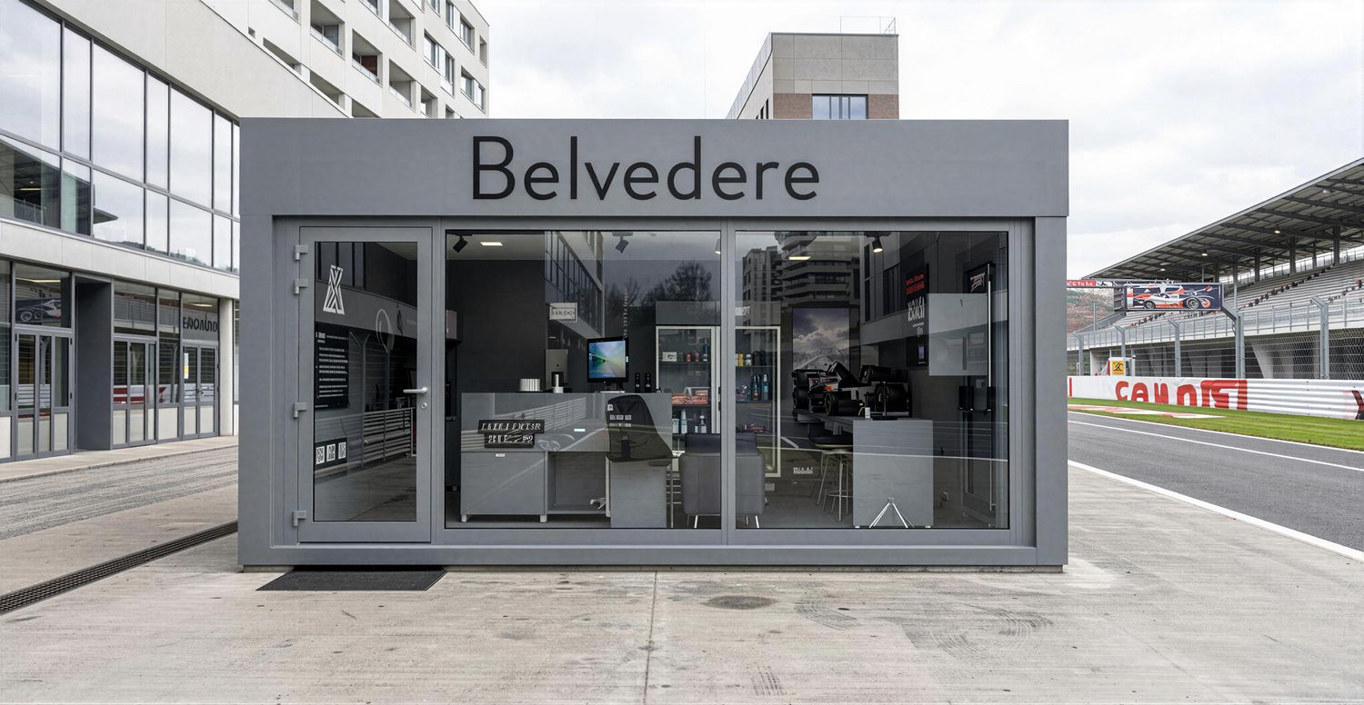 Hochwertiger mobiler Showroom mit Eichenboden und großen Fensterflächen