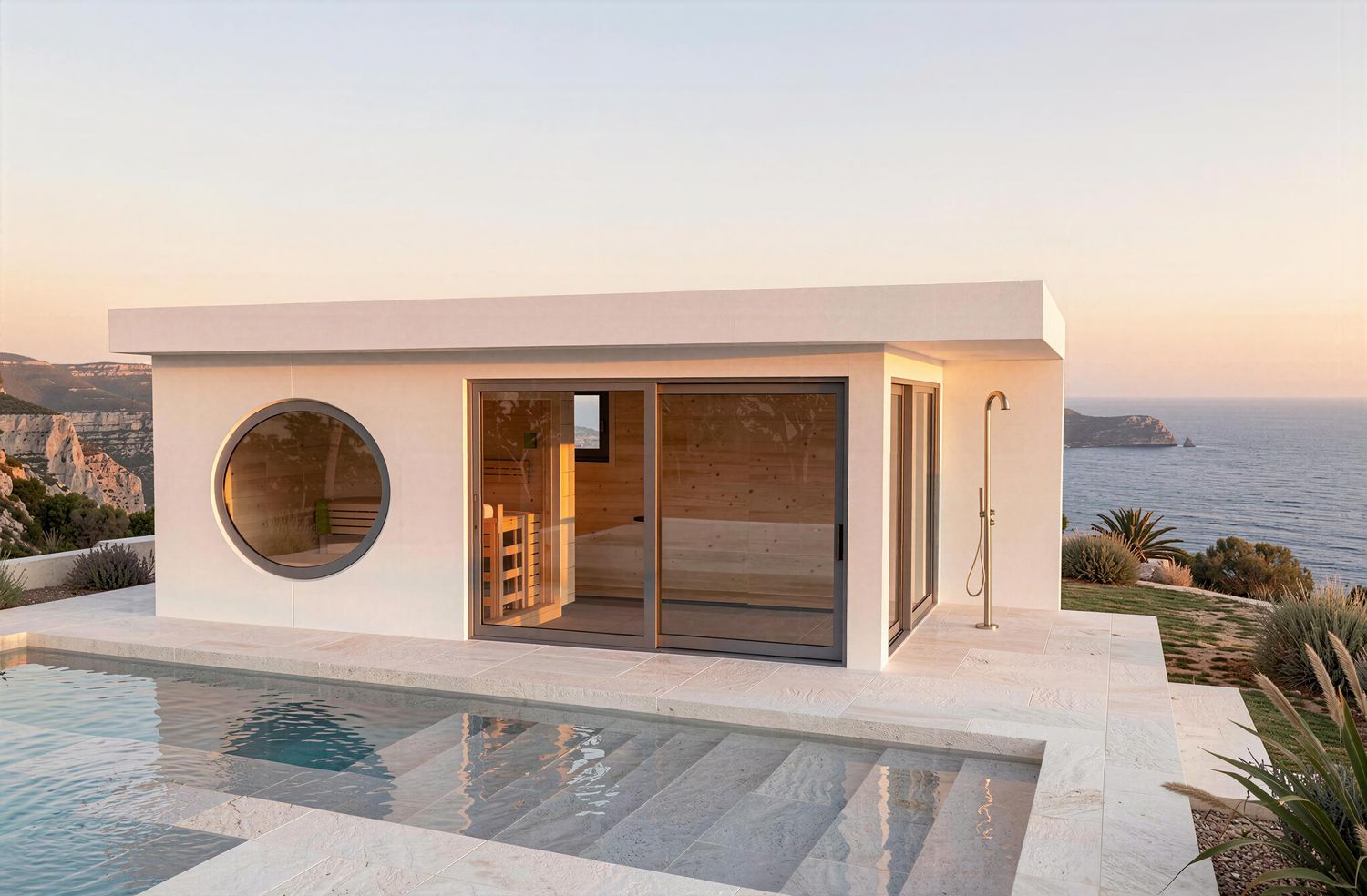 Weißes Design-Saunahaus Kubus XL mit Rundfenster und moderner Flachdacharchitektur