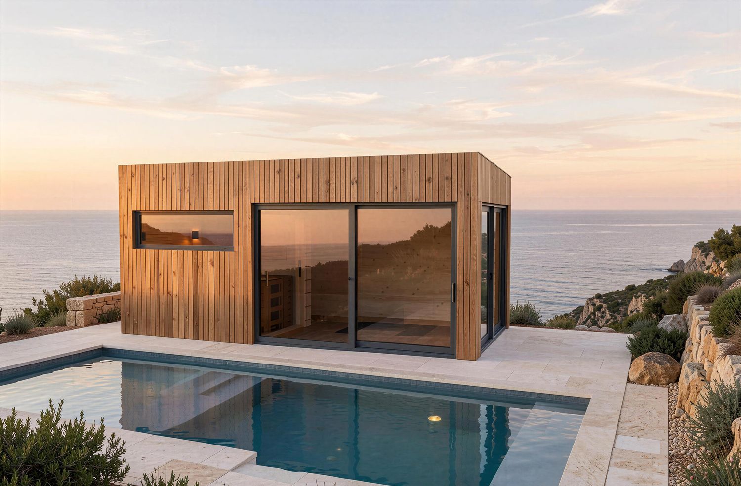 HEIRLOOM Scandi 600 Design Gartensauna aus Massivholz mit senkrechter Lärchenfassade und Panorama-Schiebetüre am Pool
