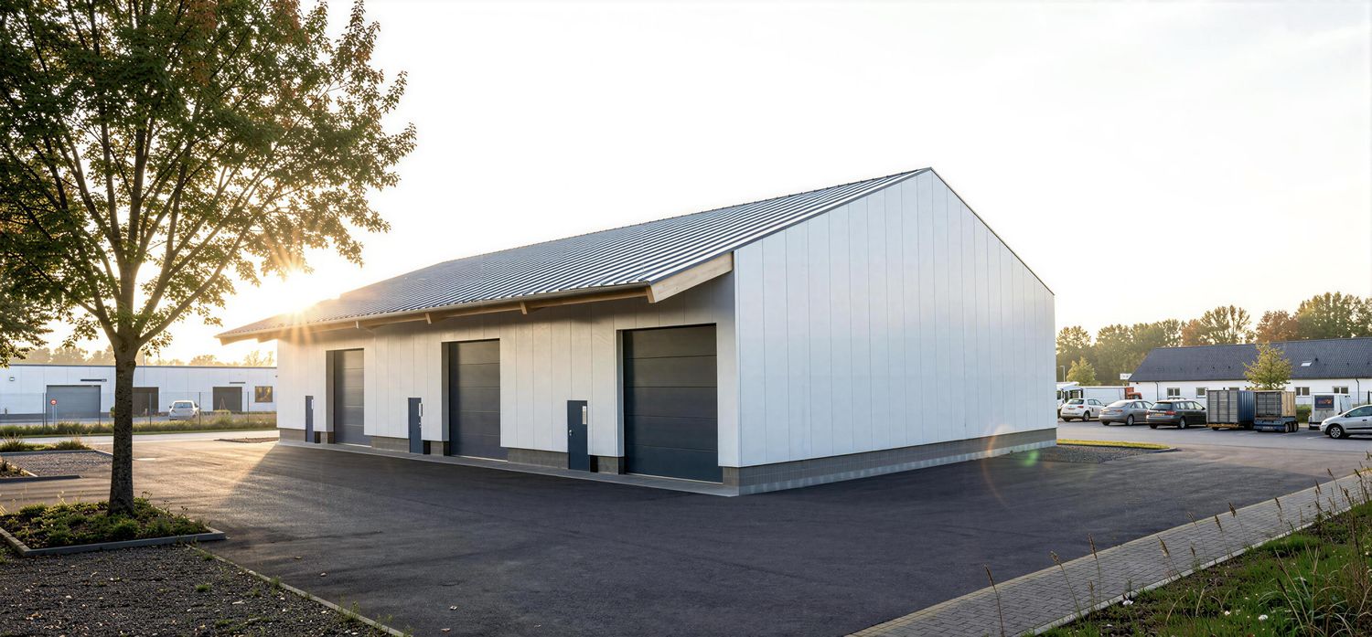 Hochwertiger Gewerbebau mit moderner Industriehalle, Lagerflächen und funktionaler Architektur für Produktion, Handwerk und G