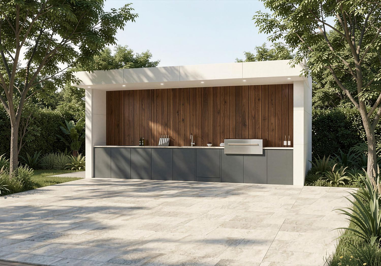 Exklusives Outdoor-Küchenhaus mit Flammkraft Gasgrill, wettergeschützter Rollbox und moderner HPL-Verkleidung in Weiß mit IPE