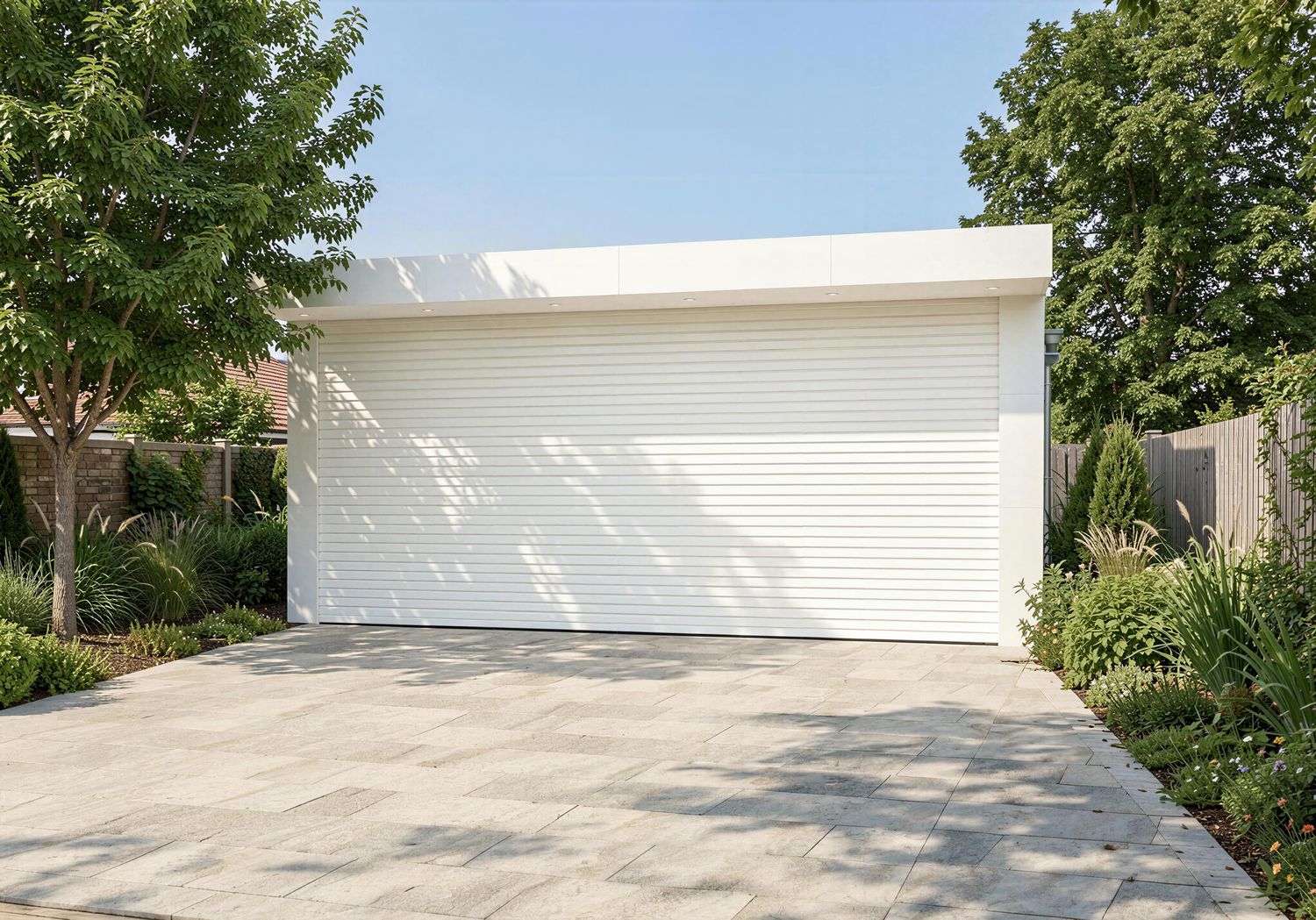 Modernes Outdoor-Küchenhaus mit Flachdach, wetterfester Rollbox und exklusiver Outdoorküche für stilvolle Garten- und Terrass