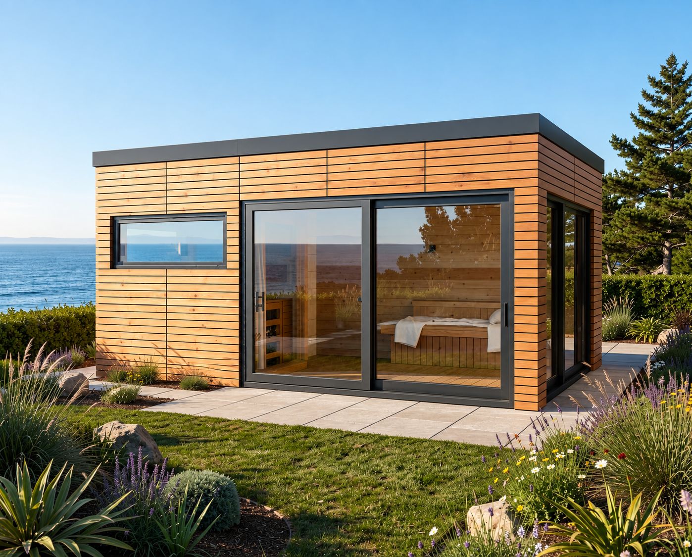 HEIRLOOM BUDGET Cube 600x250 or 300 – factory-assembled designer garden sauna, natural larch