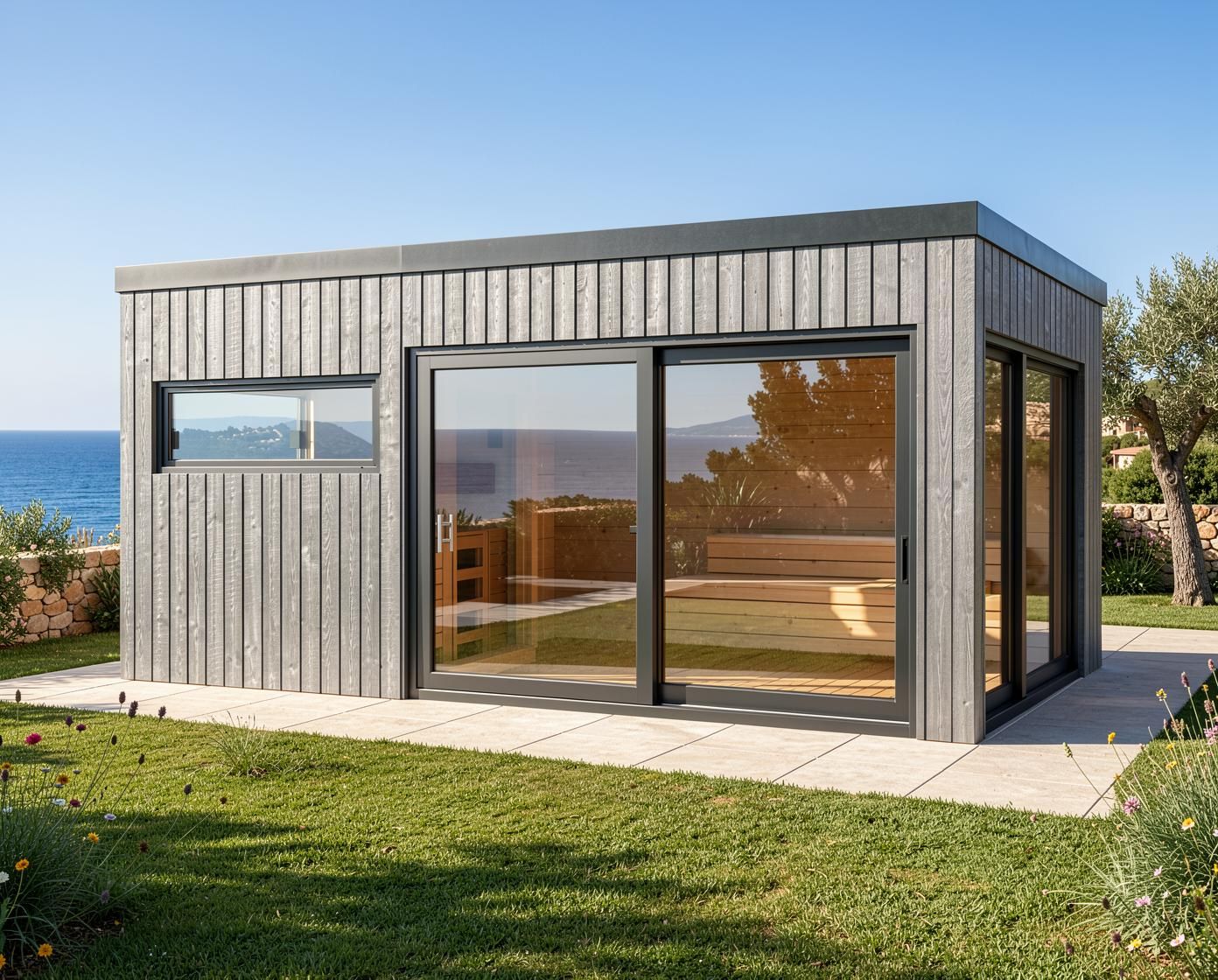 HEIRLOOM BUDGET Cube-Design Garden Sauna with Large Panoramic Glass Front and Weathered-Grey Wooden Façade