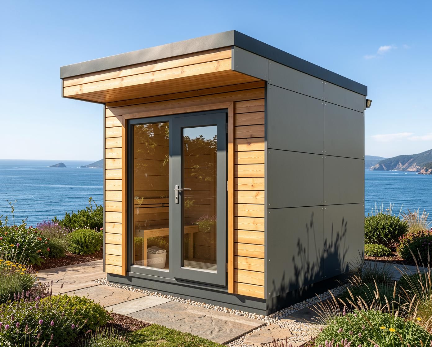 HEIRLOOM BUDGET Panorama+ - Sauna House with Anteroom for 1-5 People, Natural Larch