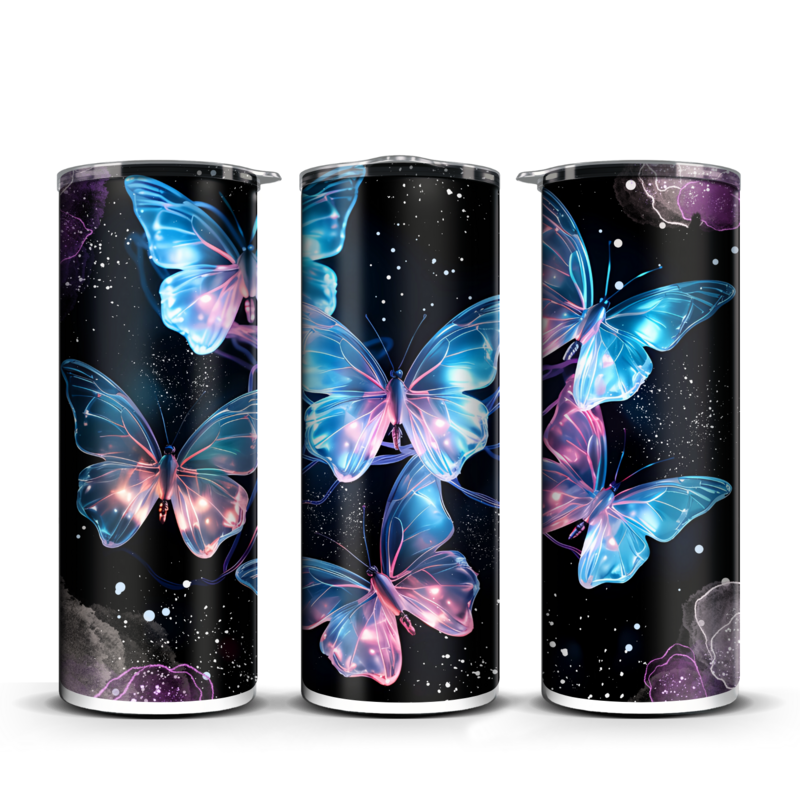 Neon Blue and Pink Butterfliy Tumbler 20 oz / 30 oz