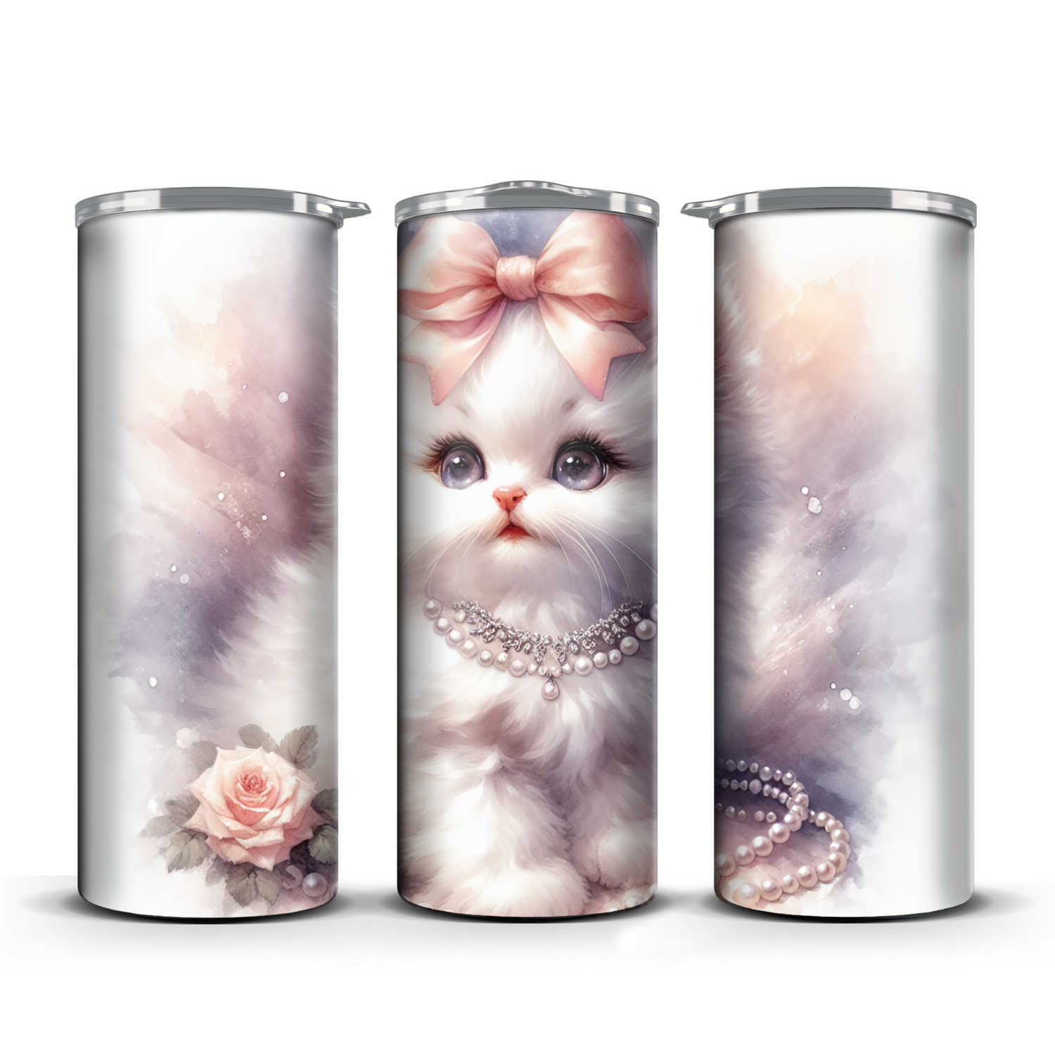 White Kitten With Pearls Tumbler 20 oz / 30 oz