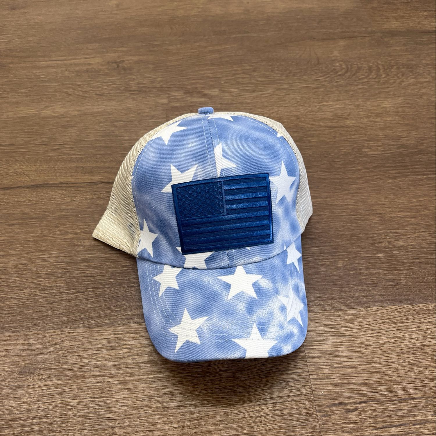 Blue Subdued Flag Star Mesh Ponytail Cap