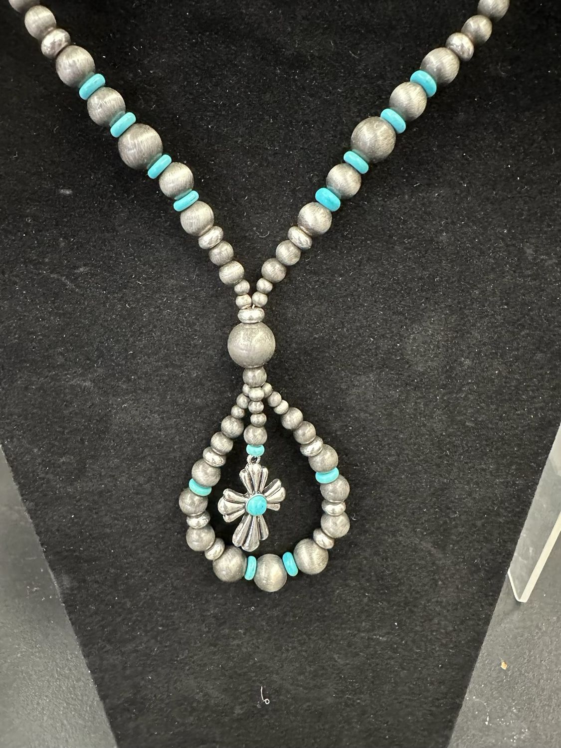 Marble Mountain Loop Cross Turquoise And Silver Necklace