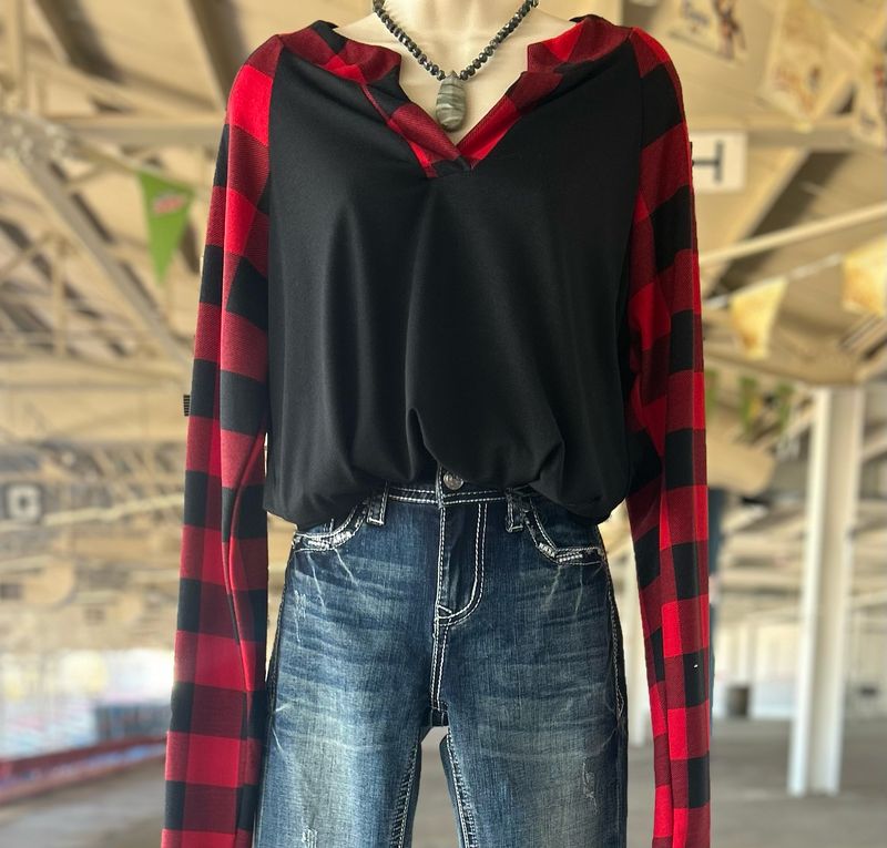 Plaid Solid Contrast Long Sleeve V Neck Top