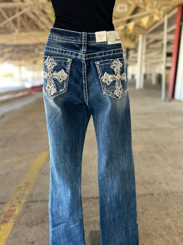 Cross Embellishment Mid Rise Boot Cut