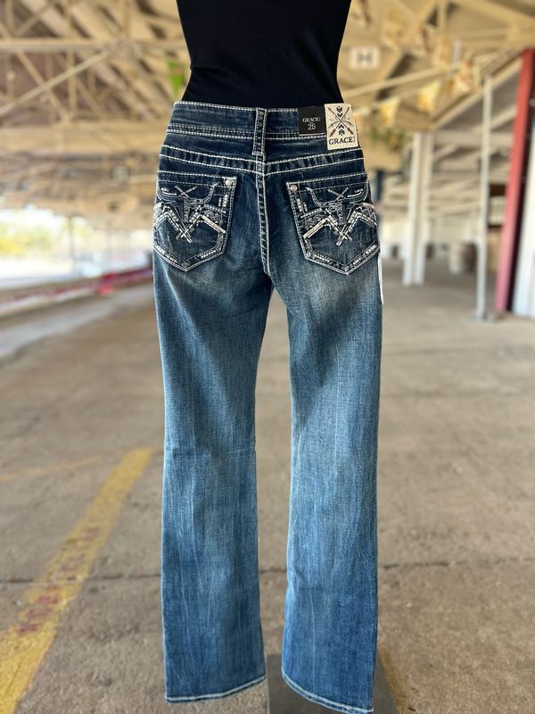 Cow Head Embroidery Med Rise Boot Cut Jeans