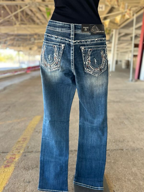 Horseshoe Embroidery Mid Rise Boot Cut Jeans