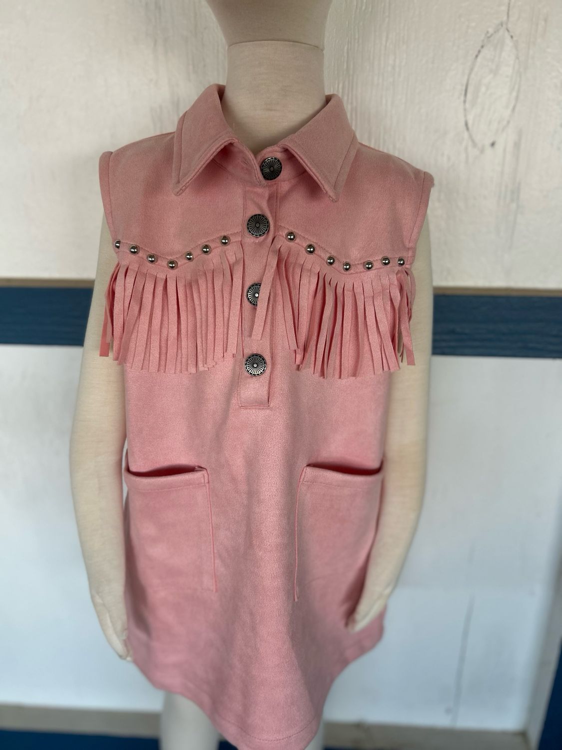 Girls Pink Suede Fringe Dress