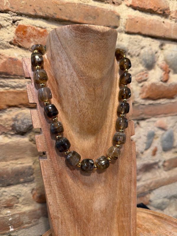 COLLIER Perles Carrées * Brun Taupe