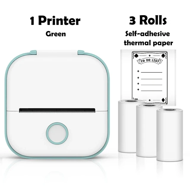 Green Mini Wireless Thermal Pocket Printer (additional 3 self-adhesive thermal paper rolls)
