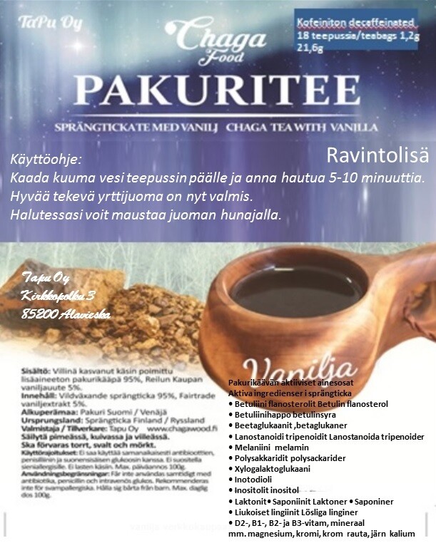 Pakuritee Vanilja 18pss Sprängticka Vaniljatee 18pås Chaga tea Vanilla 18 teabags
