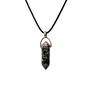 Double Point Pencil Pendant, Black String, 25-30mm, Moss Agate