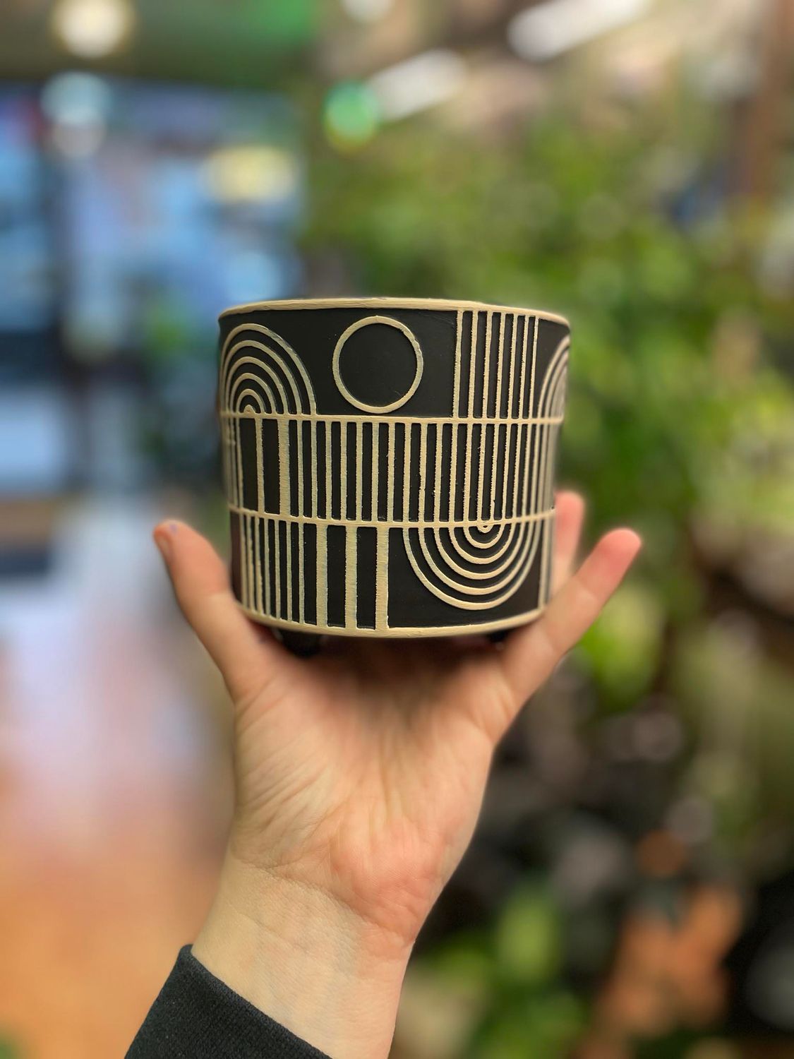 4.25&quot; Black and Beige Boho Pot