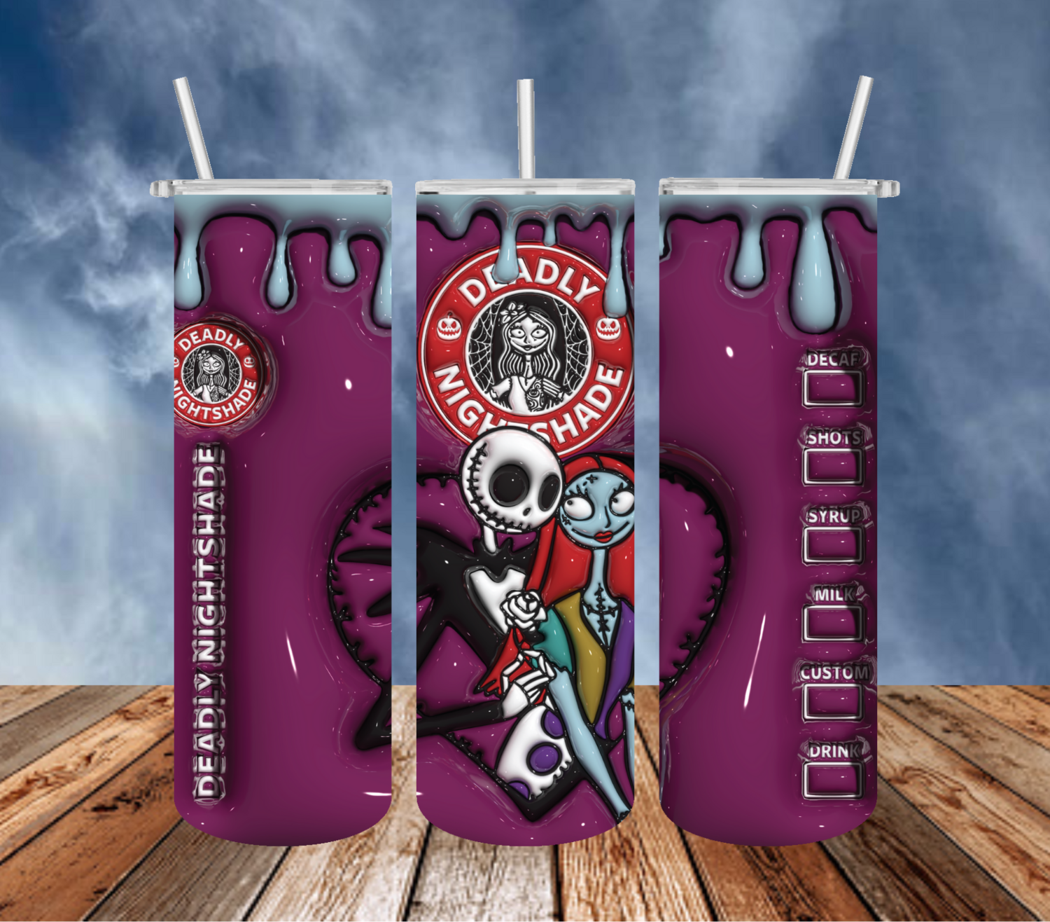 3D Inflated Puff Deadly Nightshade Jack &amp; Sally Coffee Tumbler!