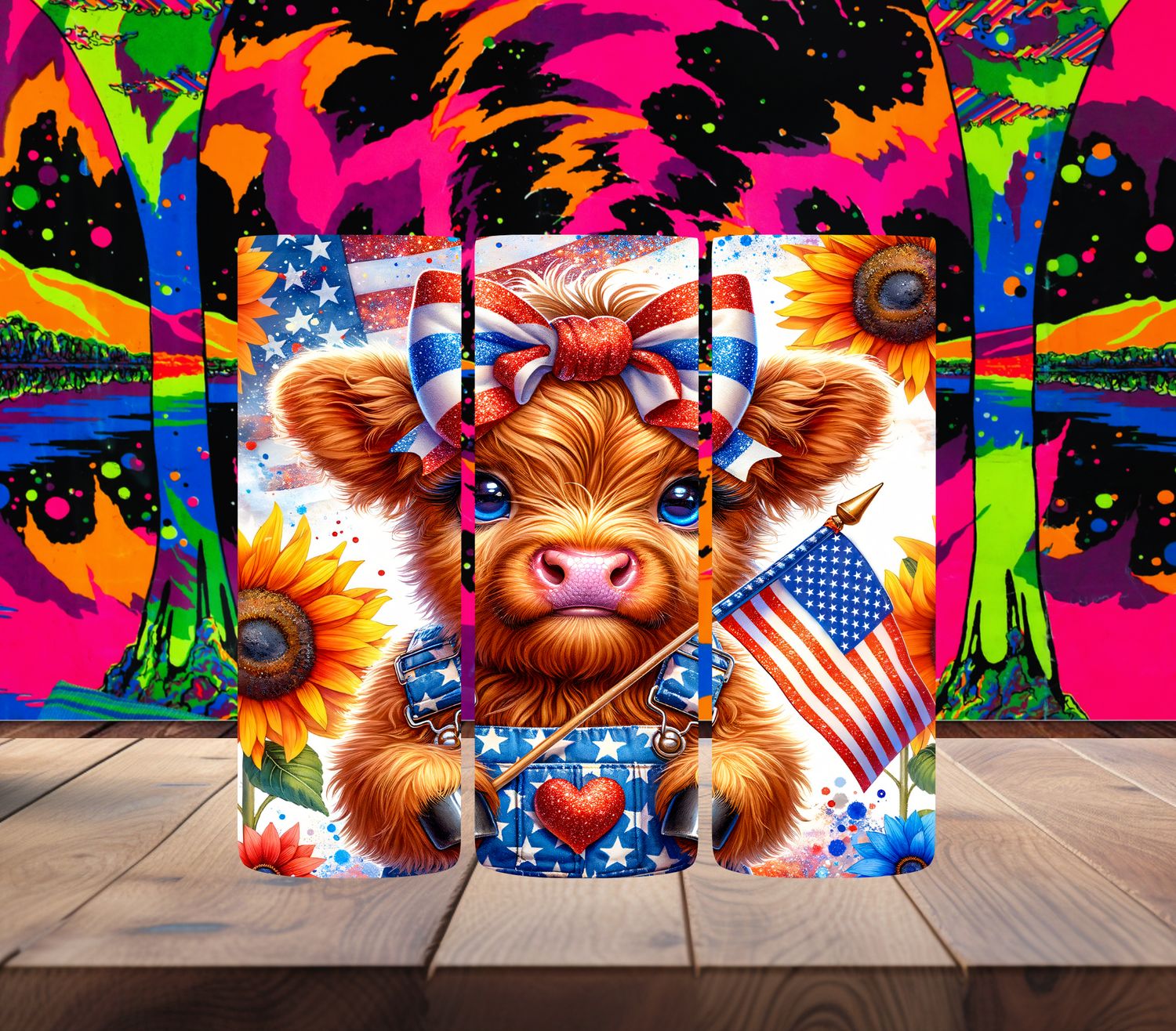 Highland Cow with Sunflowers and American Flag