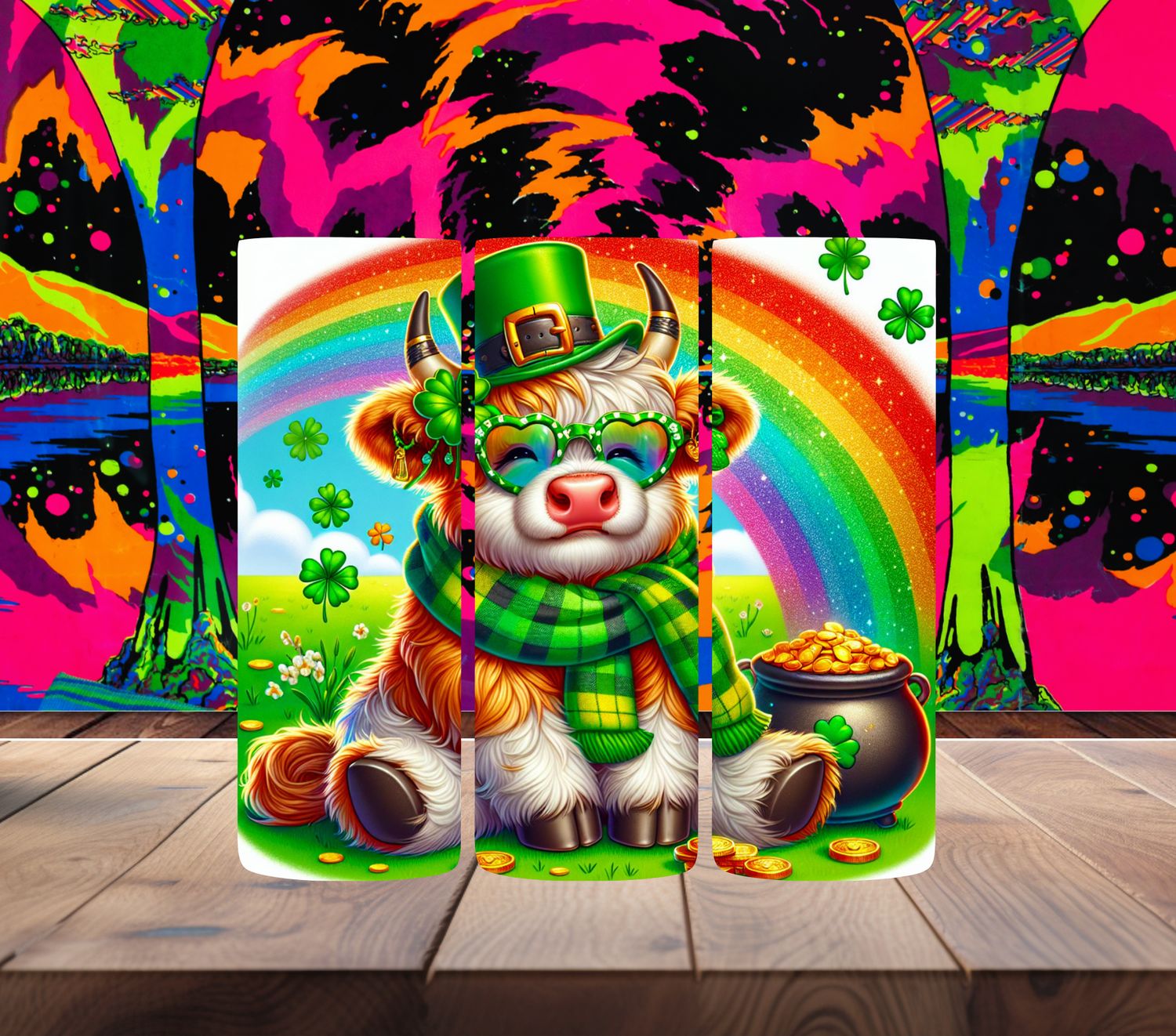 St Pats Highland Cow with Rainbow