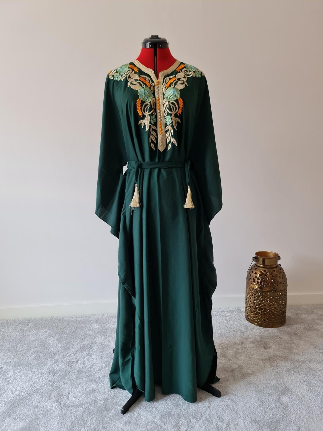 Dark green butterfly kaftan with gold embroidery