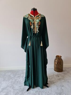 Dark green butterfly kaftan with gold embroidery