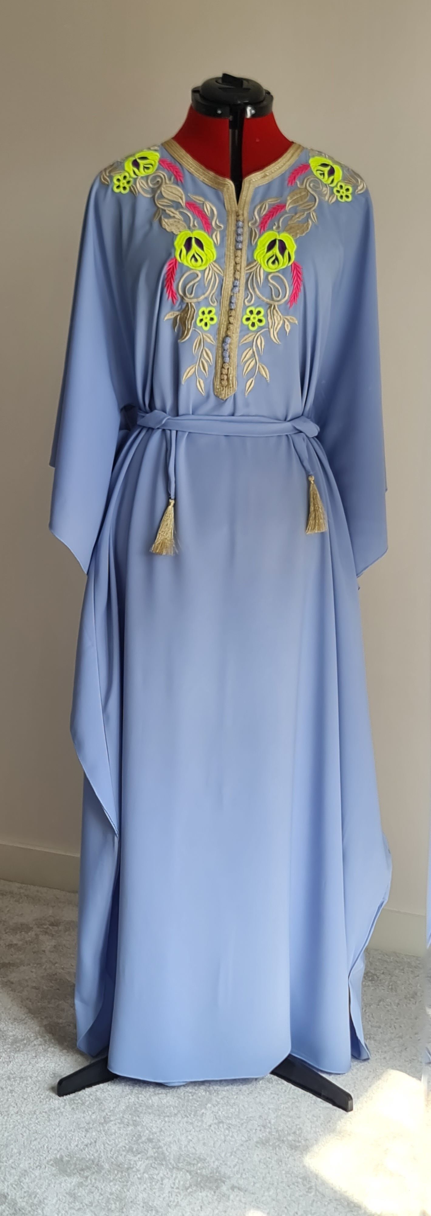 Light blue butterfly kaftan with gold embroidery